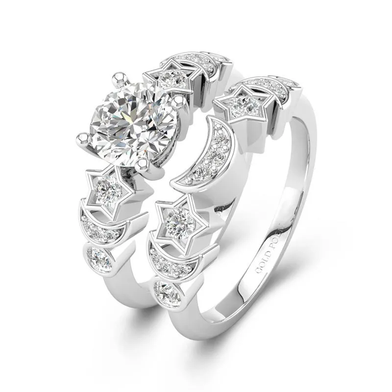 Unique Wedding Rings With Moon And Star 14K White Gold