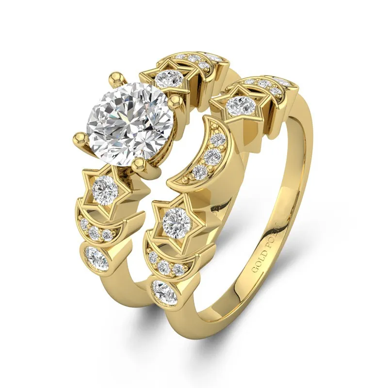 Unique Wedding Rings With Moon And Star 14K Yellow Gold