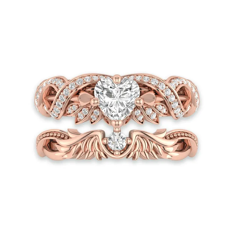 Art Deco Wedding Rings Set Angel Wing Ring 14K Rose Gold