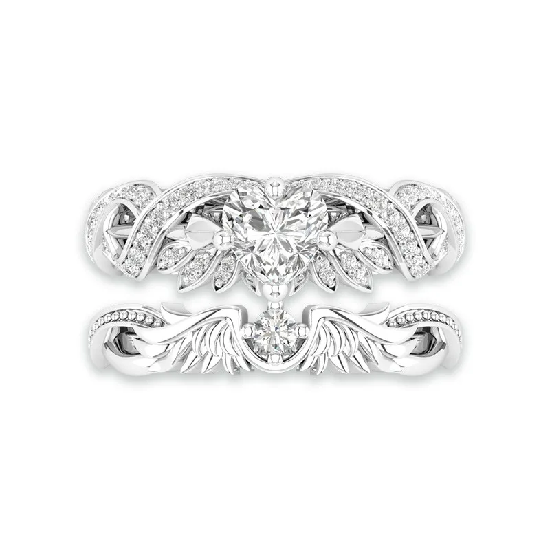 Art Deco Wedding Rings Set Angel Wing Ring 14K White Gold