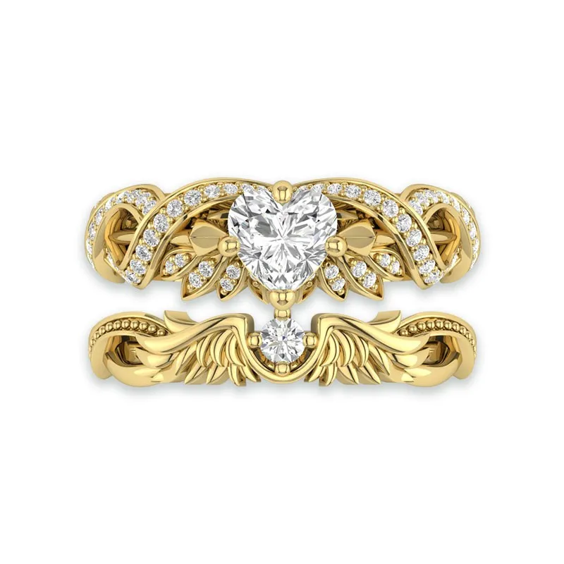 Art Deco Wedding Rings Set Angel Wing Ring 14K Yellow Gold