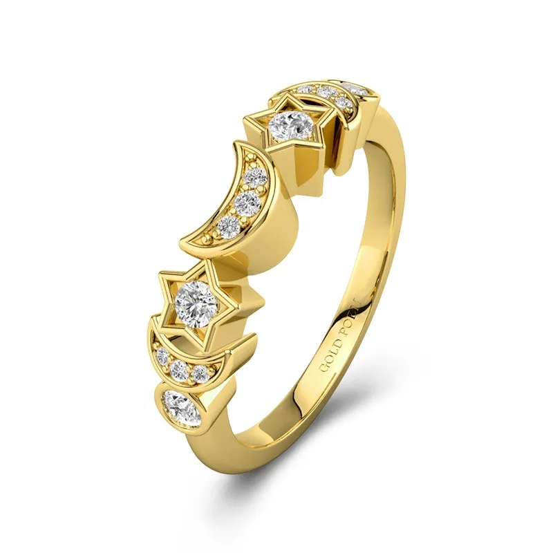 Unique Wedding Rings For Women Moon And Star 14K Yellow Gold