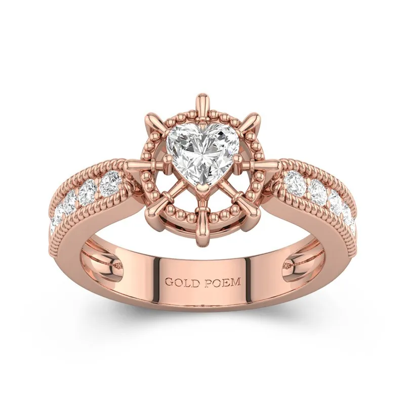 Unique Engagement Ring With Rudder In Heart Cut 14K Rose Gold