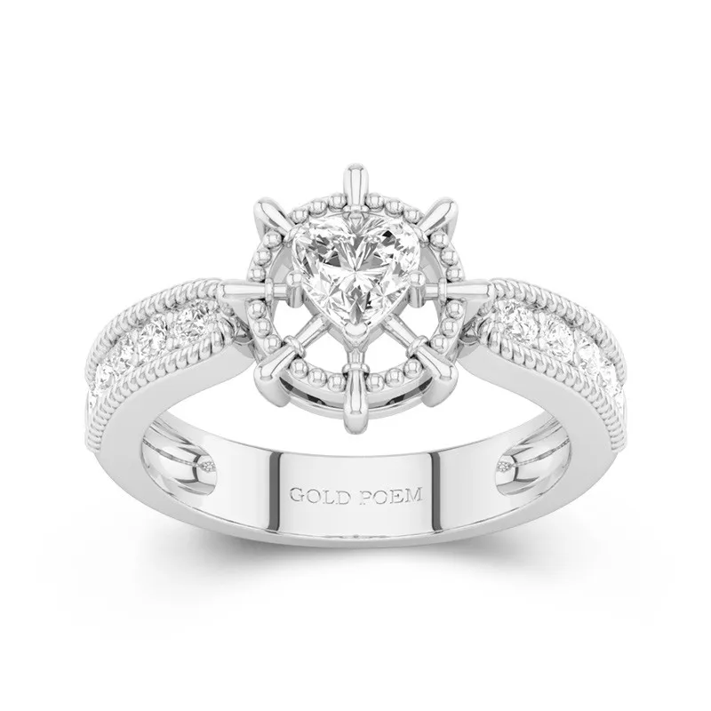 Unique Engagement Ring With Rudder In Heart Cut 14K White Gold