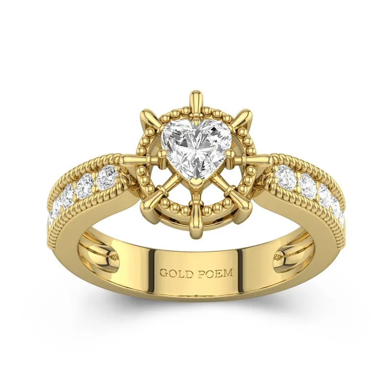 Unique Engagement Ring With Rudder In Heart Cut 14K Yellow Gold