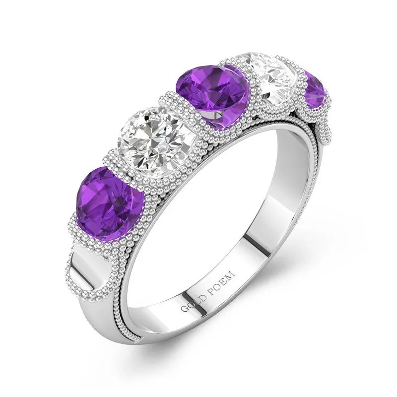 Amethyst Wedding Ring For Women With Moissanite Wedding Bands 14K White Gold