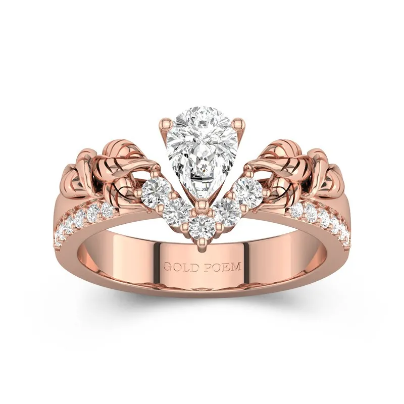 Pear Shaped Engagement Ring With Leaf Chevron Ring For Women 14K Rose Gold