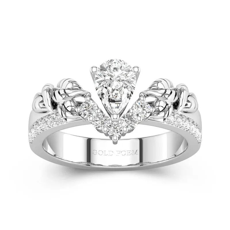 Pear Shaped Engagement Ring With Leaf Chevron Ring For Women 14K White Gold
