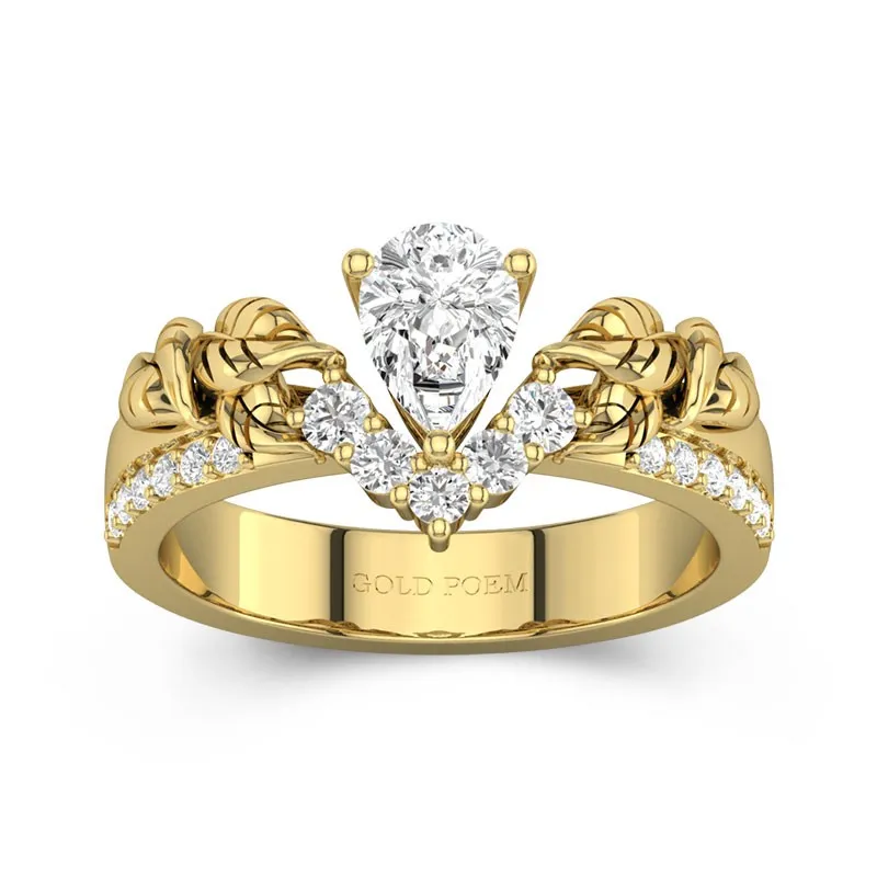 Pear Shaped Engagement Ring With Leaf Chevron Ring For Women 14K Yellow Gold