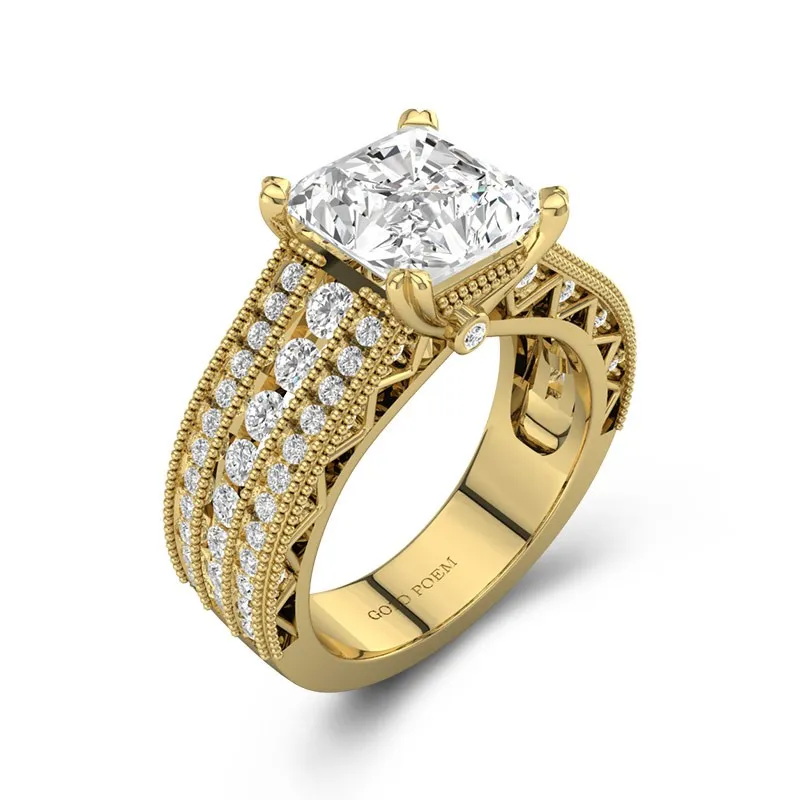14K Yellow Gold Art Deco Engagement Rings For Her With Moissanite 14K Yellow Gold