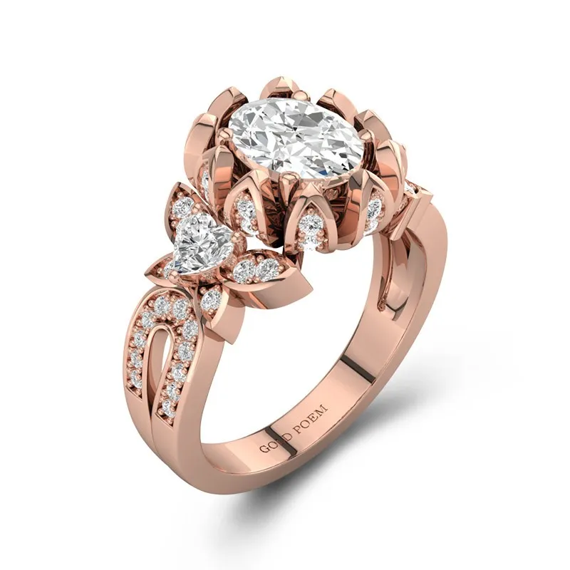 Art Deco Engagement Rings With Flower And Butterfly 14K Rose Gold
