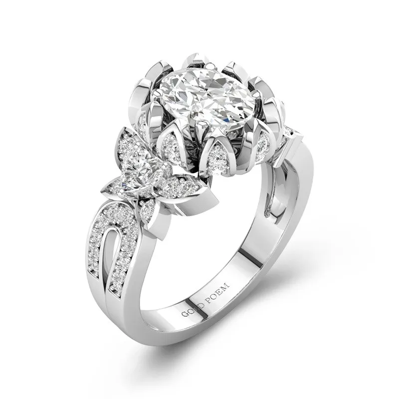 Art Deco Engagement Rings With Flower And Butterfly 14K White Gold