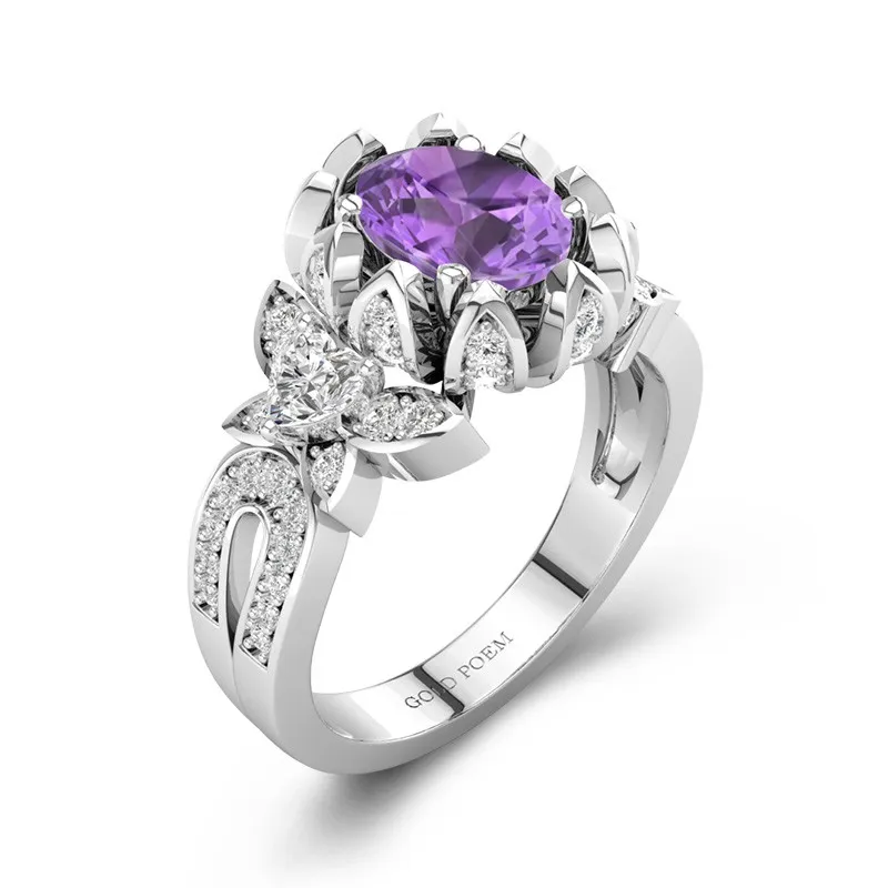Amethyst Engagement Ring With Flower And Butterfly In White Gold 14K White Gold