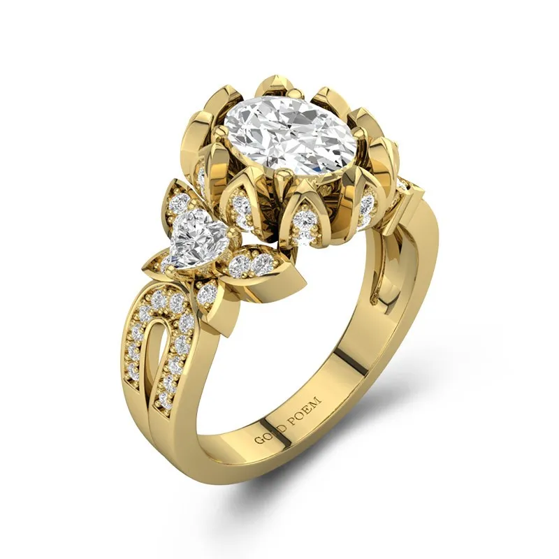 Art Deco Engagement Rings With Flower And Butterfly 14K Yellow Gold
