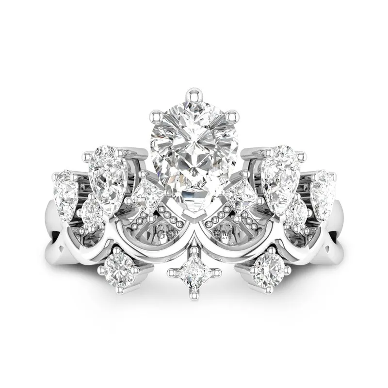 Pear Shaped Engagement Ring In Crown Shape For Women 14K White Gold