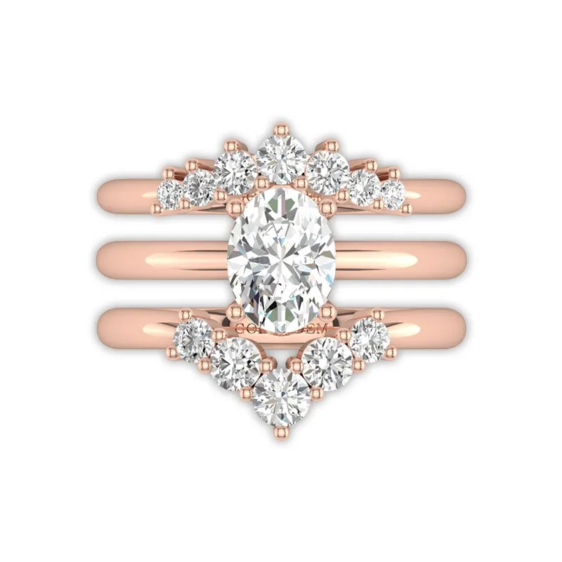 Oval Wedding Rings Set Trio Set Art Deco 14K Rose Gold