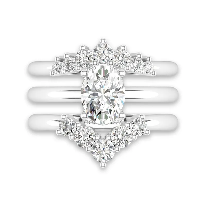 Oval Wedding Rings Set Trio Set Art Deco 14K White Gold