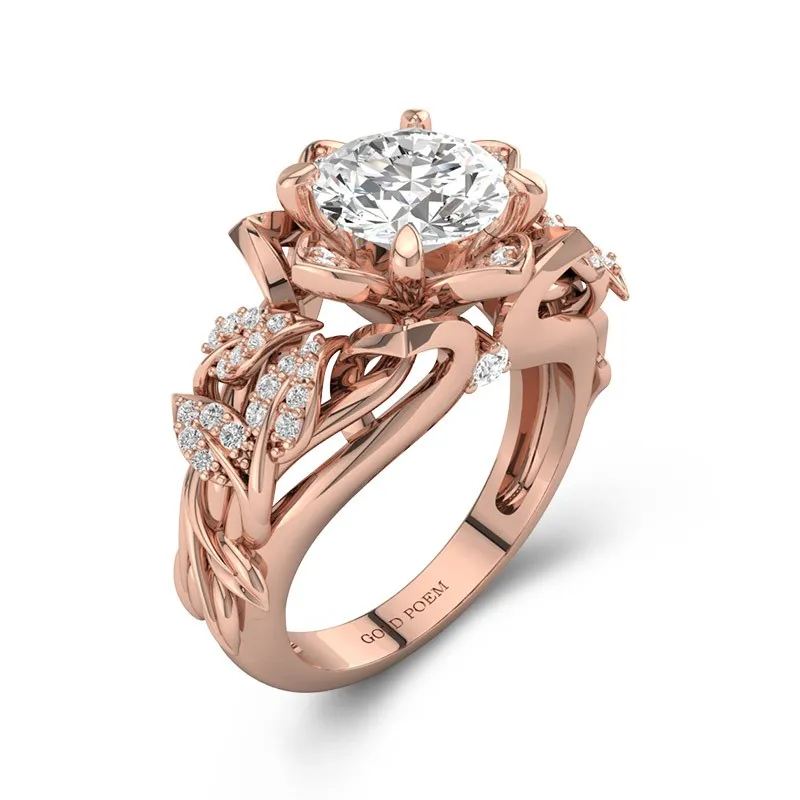 Flower Engagement Ring With Leaf Nature Inspired 14K Rose Gold