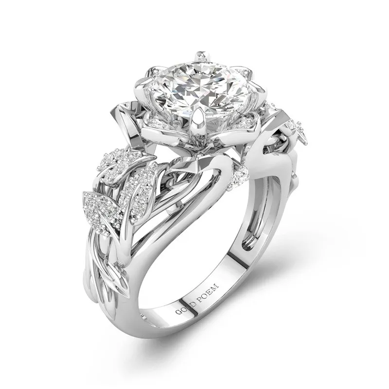 Flower Engagement Ring With Leaf Nature Inspired 14K White Gold
