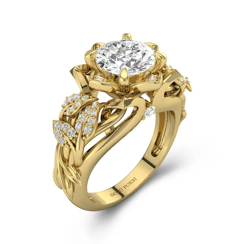 Flower Engagement Ring With Leaf Nature Inspired 14K Yellow Gold