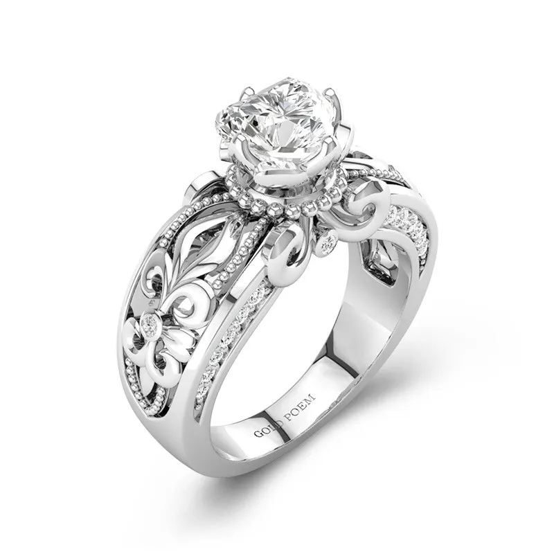 Art Deco Engagement Rings Fleur De Lis Flower Unique Ring 14K White Gold