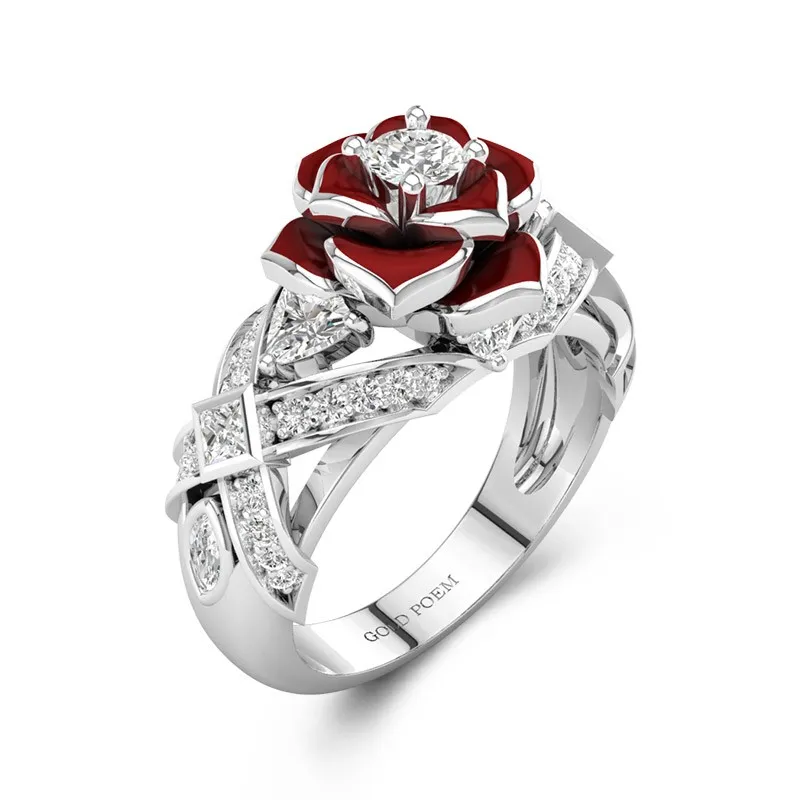 Rose Engagement Ring Flower In Unique Style 14K White Gold
