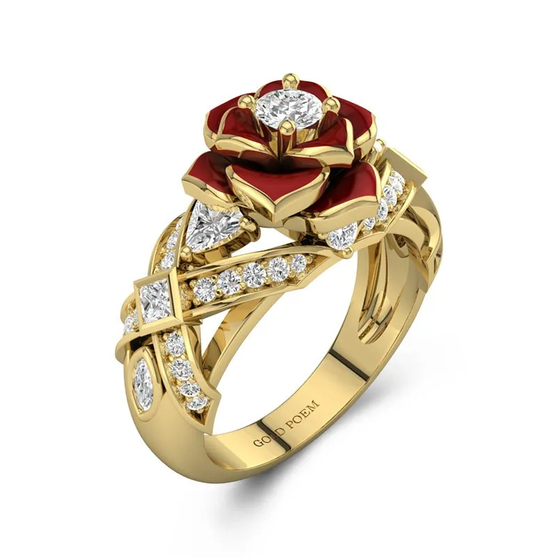 Rose Engagement Ring Flower In Unique Style 14K Yellow Gold