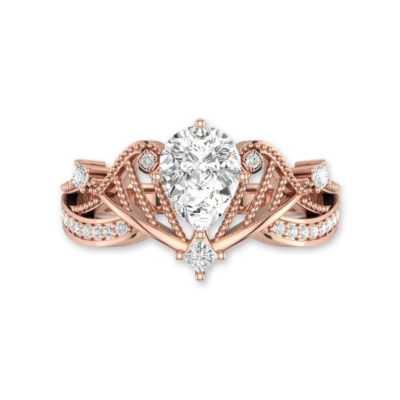 Unique Engagement Ring With Pear Cut Stone Harp Shaped Ring 14K Rose Gold