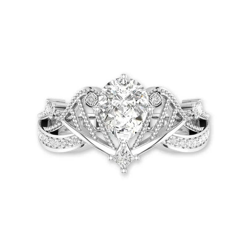 Unique Engagement Ring With Pear Cut Stone Harp Shaped Ring 14K White Gold