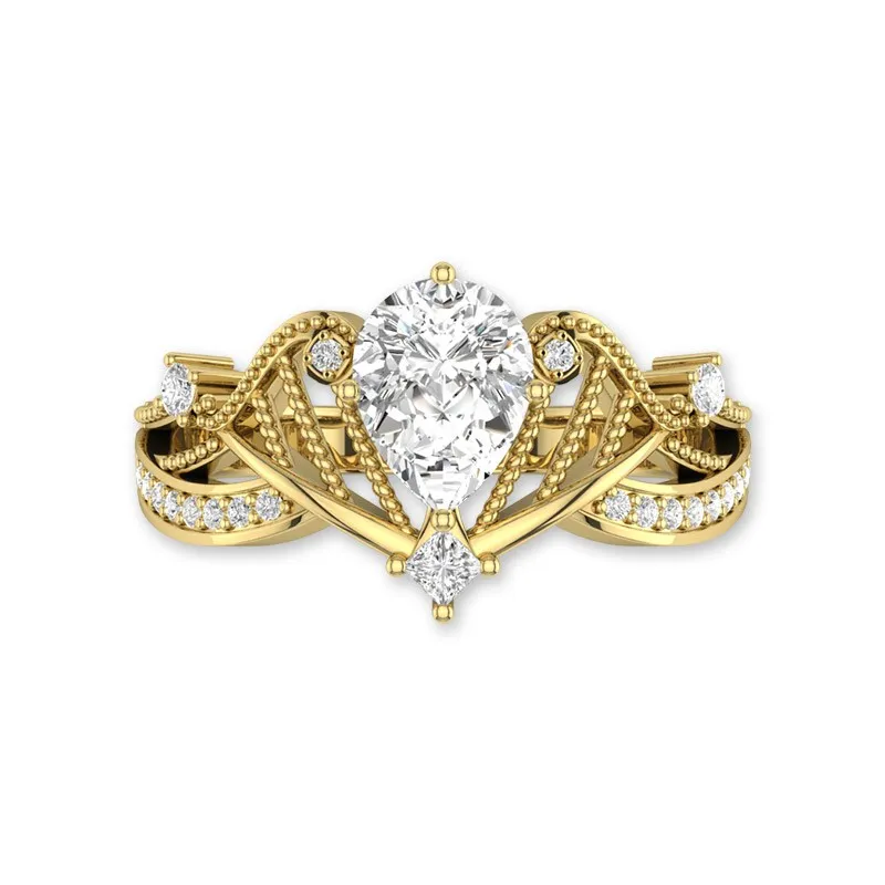 Unique Engagement Ring With Pear Cut Stone Harp Shaped Ring 14K Yellow Gold