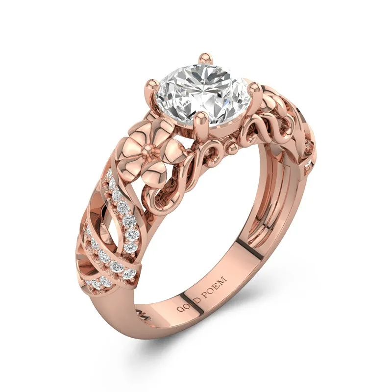 Flower Engagement Ring With Butterfly Filigree Ring 14K Rose Gold