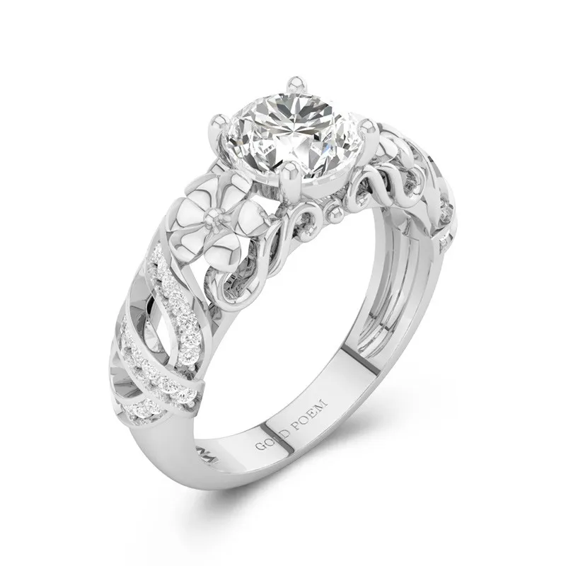 Flower Engagement Ring With Butterfly Filigree Ring 14K White Gold