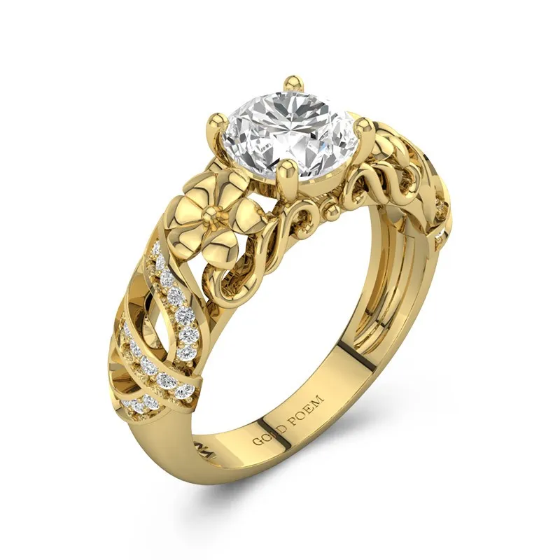 Flower Engagement Ring With Butterfly Filigree Ring 14K Yellow Gold