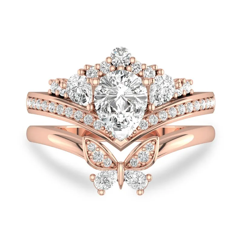Teardrop Ring Set With Matching Butterfly Rings Unique Style 14K Rose Gold