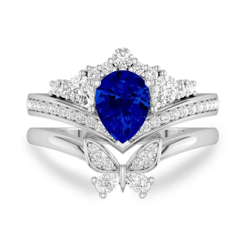 Teardrop Ring Set With Matching Butterfly Rings Unique Style 14K White Gold