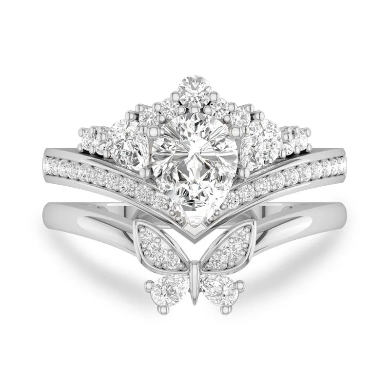 Teardrop Ring Set With Matching Butterfly Rings Unique Style 14K White Gold