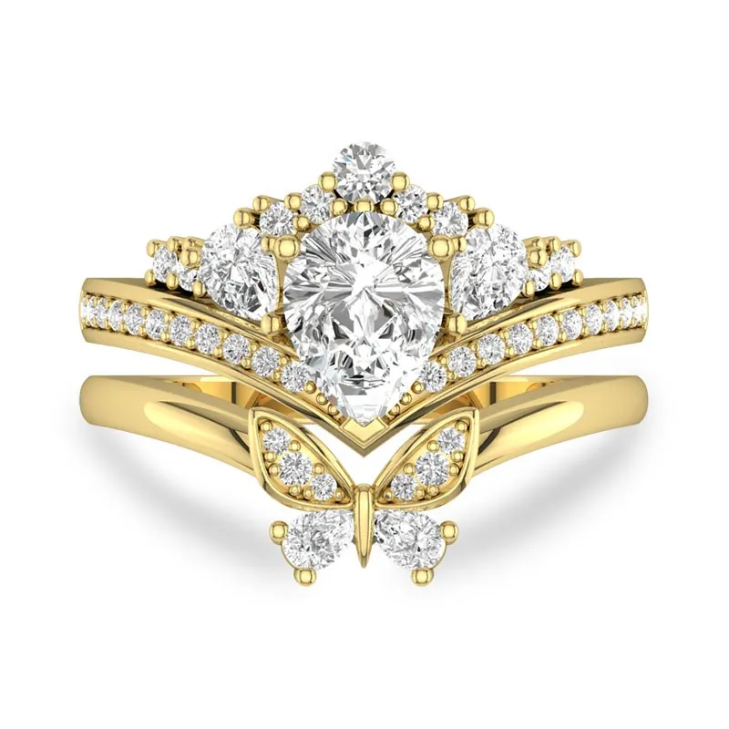 Teardrop Ring Set With Matching Butterfly Rings Unique Style 14K Yellow Gold
