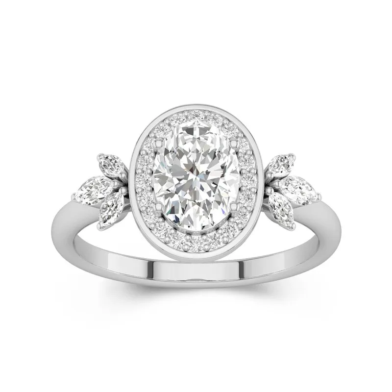 1.5 CT Oval Cut Halo Unique Engagement Ring 14K White Gold