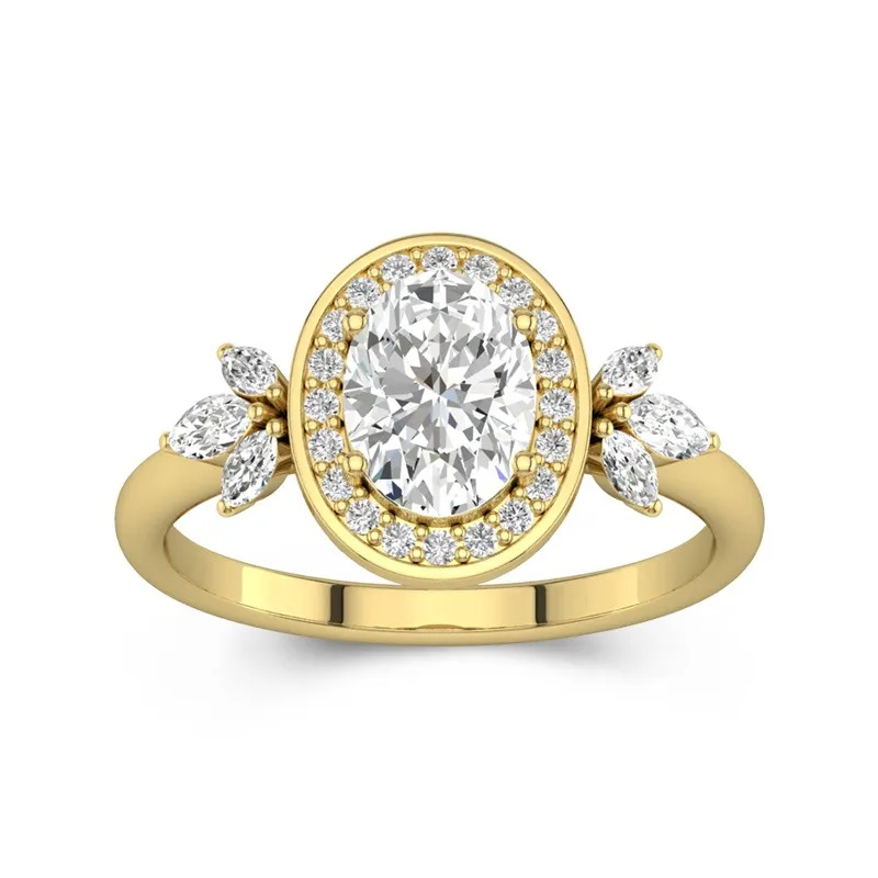 1.5 CT Oval Cut Halo Unique Engagement Ring 14K Yellow Gold