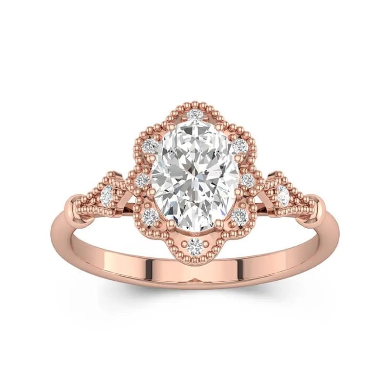 1.5 CT Oval Cut Halo Flower Vintage Engagement Ring 14K Rose Gold