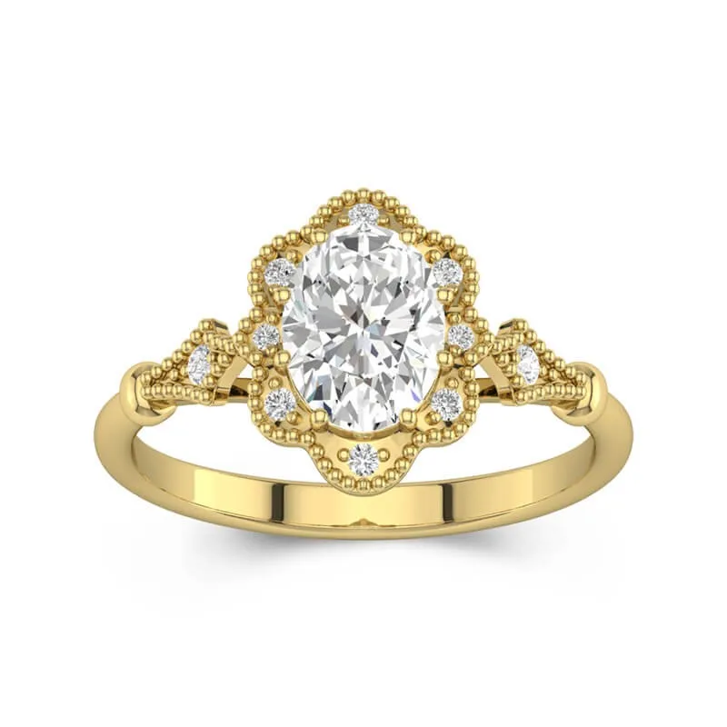 1.5 CT Oval Cut Halo Flower Vintage Engagement Ring 14K Yellow Gold