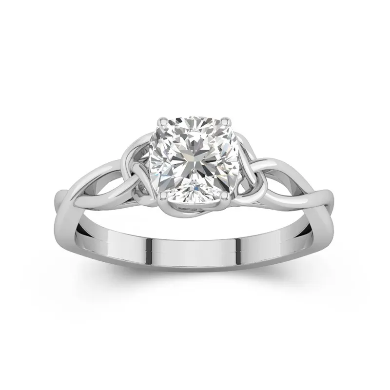 1.5 CT Cushion Cut Celtic Love Knot Solitaire Moissanite Engagement Ring 14K White Gold