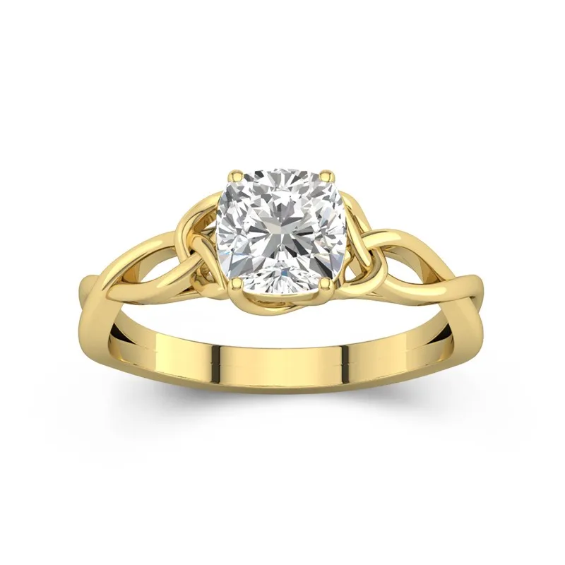 1.5 CT Cushion Cut Celtic Love Knot Solitaire Moissanite Engagement Ring 14K Yellow Gold