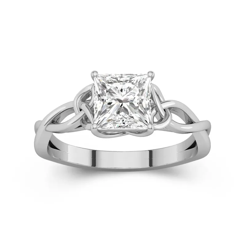 1.5 CT Princess Cut Celtic Love Knot Solitaire Moissanite Engagement Ring 14K White Gold
