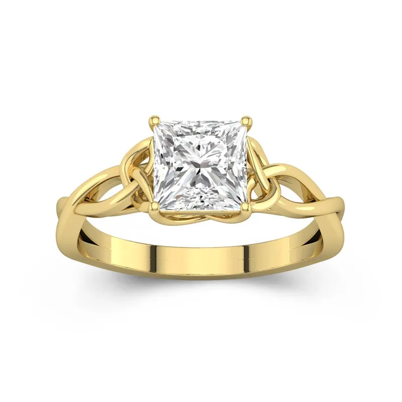 1.5 CT Princess Cut Celtic Love Knot Solitaire Moissanite Engagement Ring 14K Yellow Gold