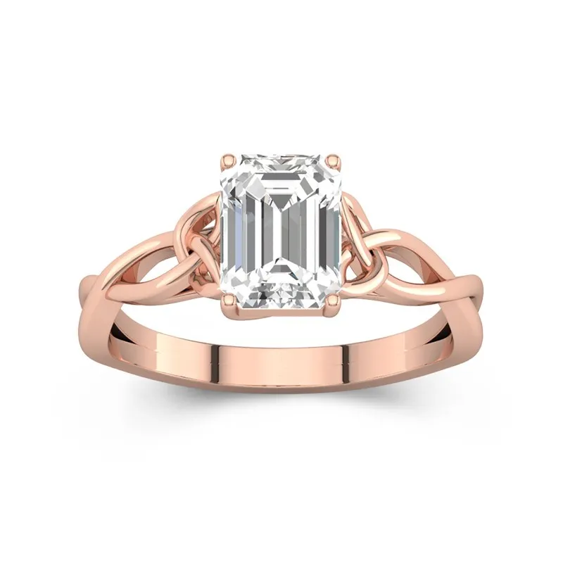 2 CT Emerald Cut Love Knot Celtic Solitaire Moissanite Engagement Ring 14K Rose Gold