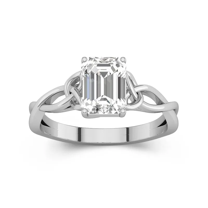 2 CT Emerald Cut Love Knot Celtic Solitaire Moissanite Engagement Ring 14K White Gold