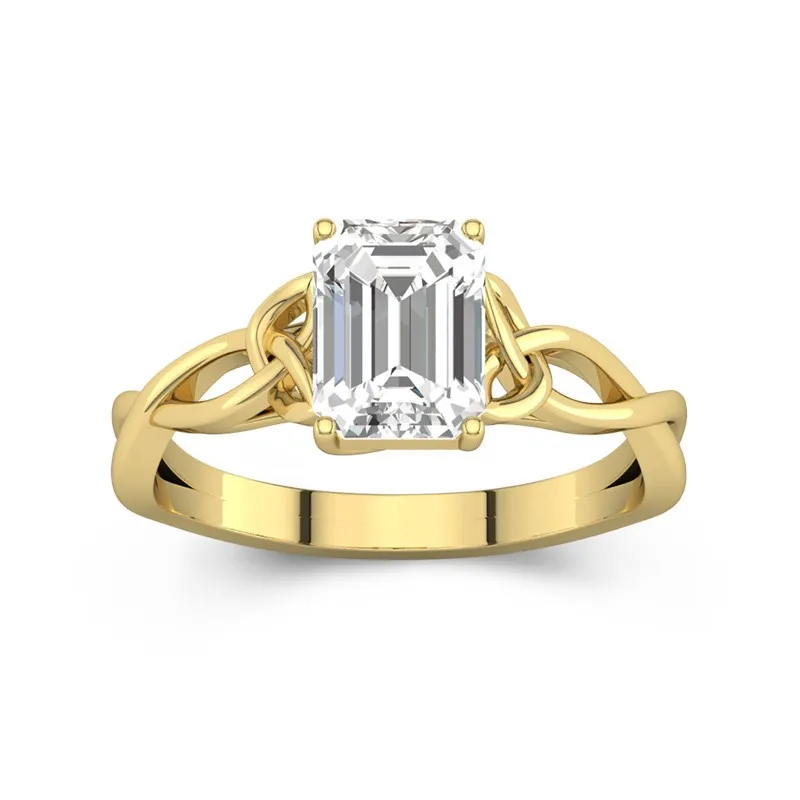 2 CT Emerald Cut Love Knot Celtic Solitaire Moissanite Engagement Ring 14K Yellow Gold
