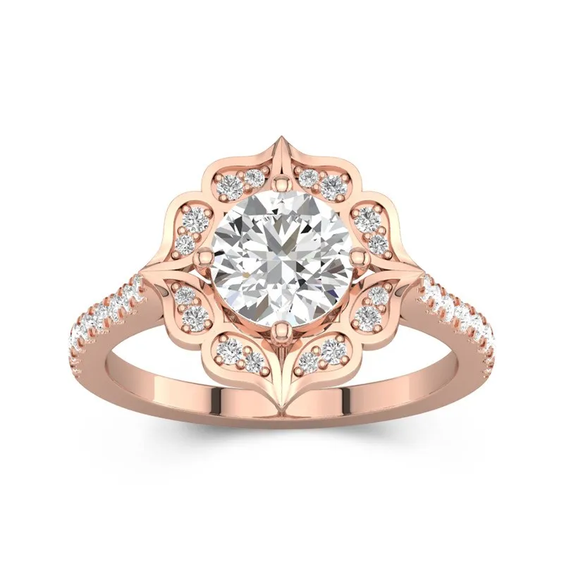 1.2 CT Round Cut Vintage Flower Halo Engagement Ring 14K Rose Gold