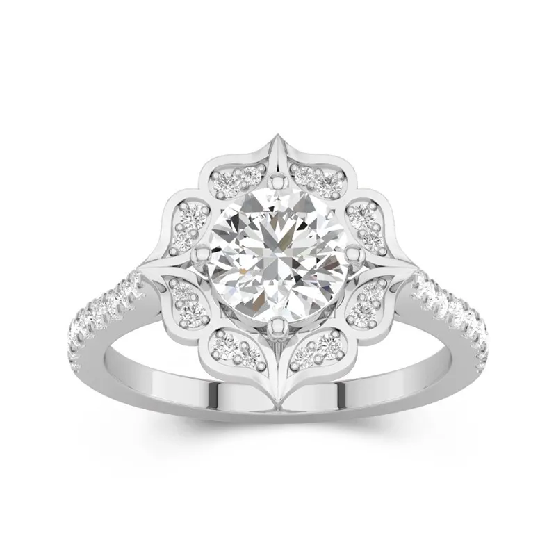 1.2 CT Round Cut Vintage Flower Halo Engagement Ring 14K White Gold